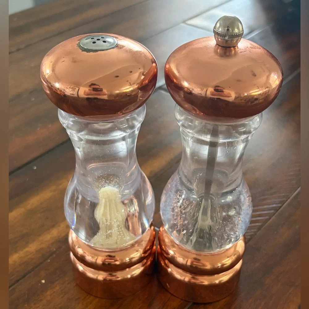 Crate&Barrel Copper and Clear Glass Salt and Pepper Shakers